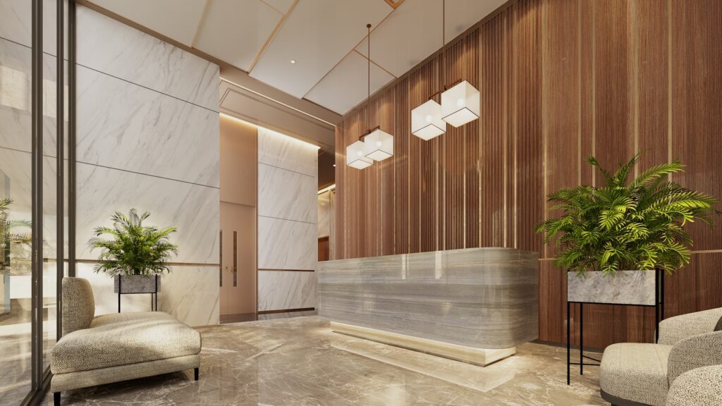 Clean commercial building lobby and common area maintained by TrueGleam Cleaning for Permian Basin property managers