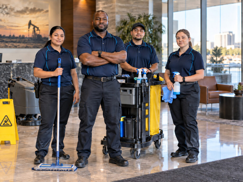 TrueGleam Cleaning crew standing together in a commercial building lobby in the Permian Basin