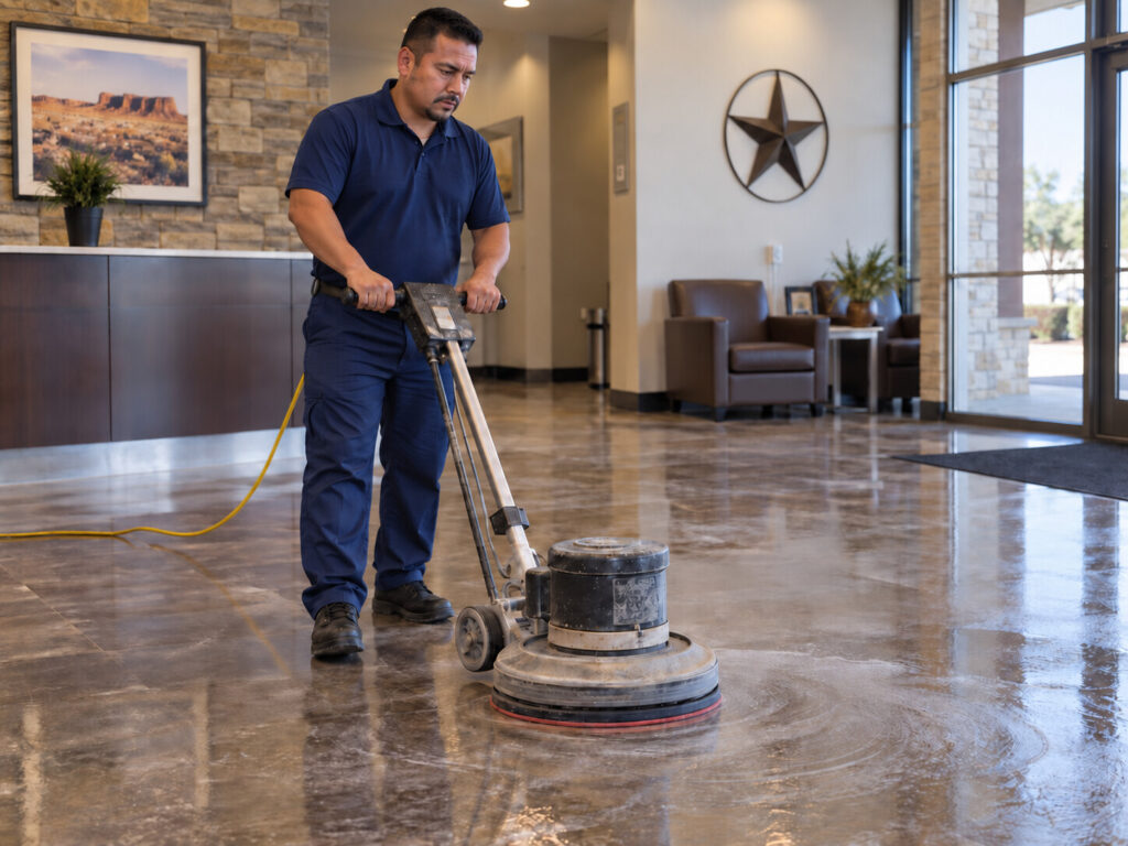 TrueGleam Cleaning technician buffing a commercial lobby floor