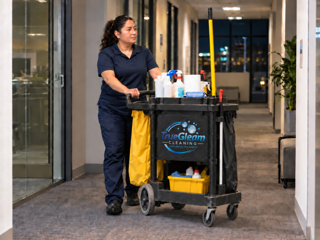 TrueGleam Cleaning janitorial cart with company branding in an office hallway