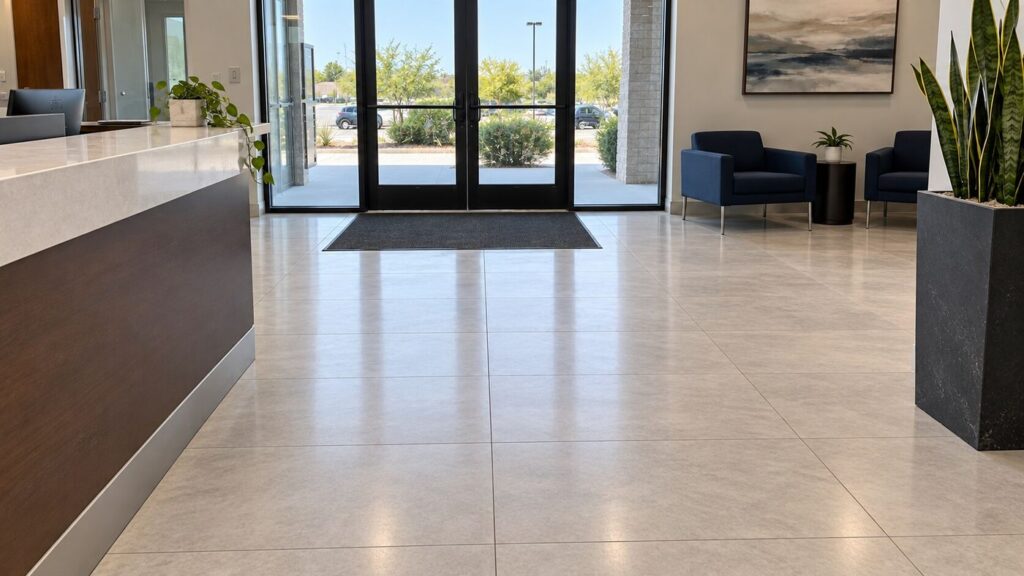Spotless polished commercial lobby floor after TrueGleam Cleaning service