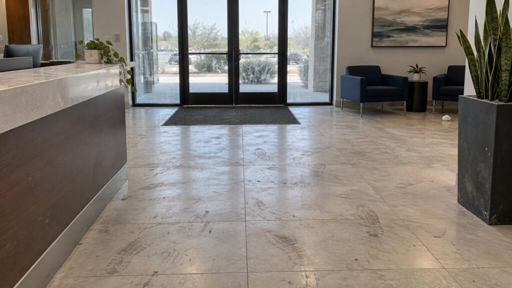 Dirty commercial lobby floor with visible dust and footprints before TrueGleam Cleaning service